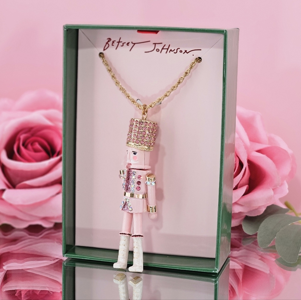 Betsey Johnson Pink Gold Tone Nutcracker Necklace Christmas Holiday Party Gift - Picture 4 of 5